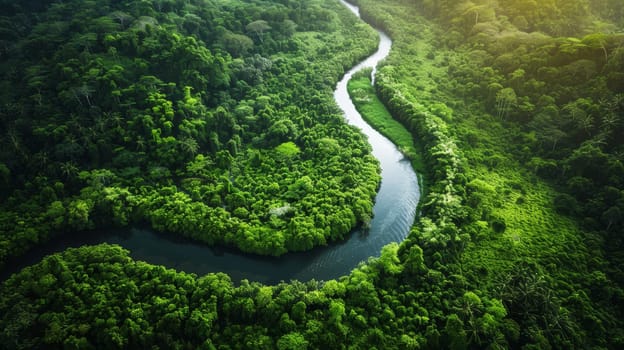 Sunlight dapples over a vibrant river curving through a rich tapestry of green hills, highlighting the curves and contours of the terrain.