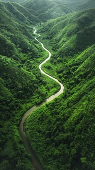 An aerial perspective reveals a river's winding path through lush, green mountains, showcasing the breathtaking beauty of this untouched landscape.