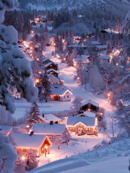 A mountain village twinkles under the evening's holiday lights, its snowy peaks creating a magical backdrop for the winter festivities.