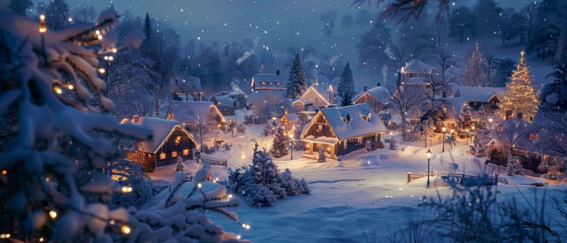 A picturesque village is bathed in the warm glow of Christmas lights, nestled under a thick blanket of snow during a tranquil winter evening.
