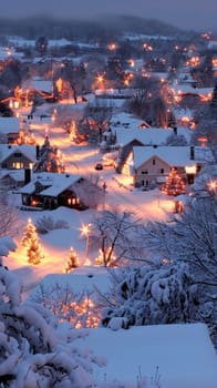 Delicate snowflakes drift down upon an alpine village, where homes glisten with festive lights amid the hushed silence of a snowy evening.