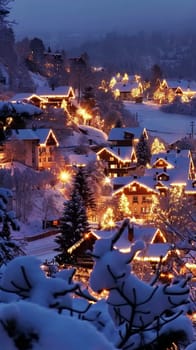 Delicate snowflakes drift down upon an alpine village, where homes glisten with festive lights amid the hushed silence of a snowy evening.