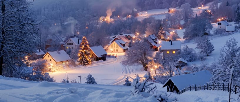 A picturesque village is bathed in the warm glow of Christmas lights, nestled under a thick blanket of snow during a tranquil winter evening.