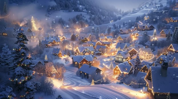 Snow-laden homes emit a welcoming radiance against the twilight sky, as festive decorations highlight the joyous spirit of the holiday season.