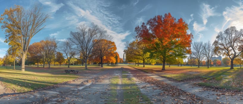 Sunlight filters through a panoramic view of a city park in autumn, casting long shadows over the ground blanketed with fallen leaves.