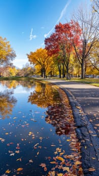 Crisp autumn leaves line the walkways of a park, with clear skies above and a vibrant display of fall colors from the surrounding trees.