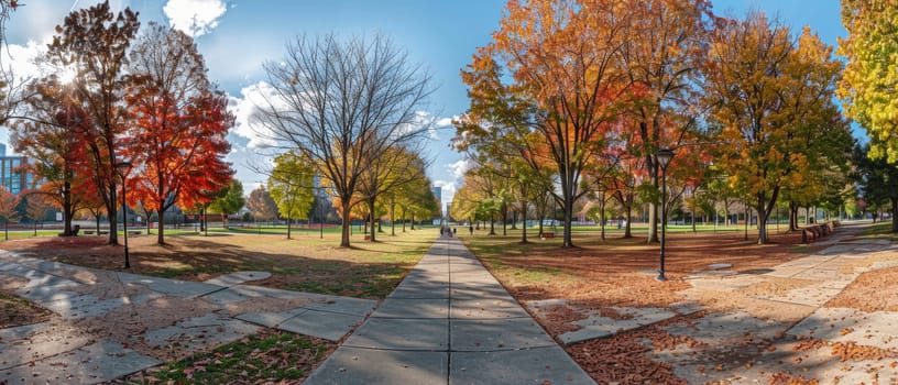 Sunlight filters through a panoramic view of a city park in autumn, casting long shadows over the ground blanketed with fallen leaves.