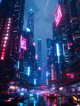 A vision of a neon-soaked urban dreamscape emerges under the night sky, with vivid signage and futuristic architecture defining its vibrant city life.