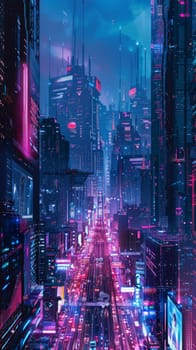 The pulse of a futuristic city at night, bathed in neon pinks and blues, with busy streets lined by towering skyscrapers and glowing billboards.