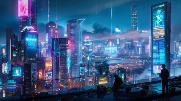 A couple overlooks a dazzling cyberpunk cityscape, where neon signs glimmer under a twilight sky, creating a narrative of futuristic urban life