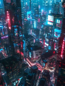 A vision of a neon-soaked urban dreamscape emerges under the night sky, with vivid signage and futuristic architecture defining its vibrant city life.