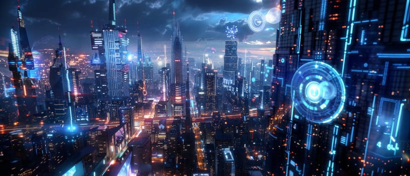 A sprawling cyberpunk cityscape comes to life at twilight, its skyline aglow with neon lights and holographic billboards, under a radiant pink sky.