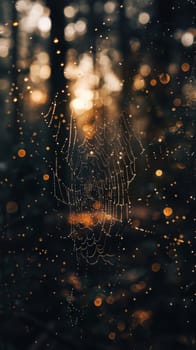 The fragile beauty of a spiderweb is highlighted by droplets of dew against the serene blue tones of a misty morning.