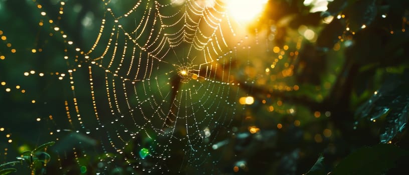 A spider's web, intricately woven and bejeweled with morning dew, glistens against a backdrop of hazy blue forest light.