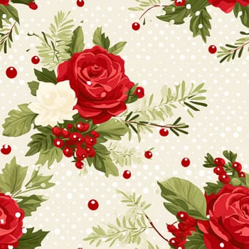 Seamless pattern, tileable Christmas holiday floral, country flowers dots print, English countryside roses for wallpaper, wrapping paper, scrapbook, fabric and product design motif