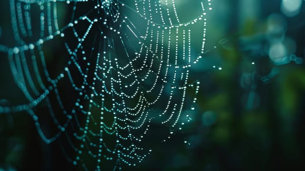 The complex geometry of a spiderweb captures the twilight's first light, creating a shimmering spectacle of dew against a dark forest canvas.