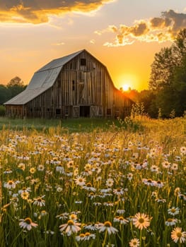 A serene sunset bathes an old wooden barn in golden light amid a vibrant field of daisies, capturing the tranquil essence of rural life.