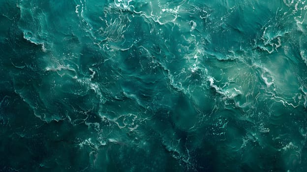 An aerial view of the fluid, electric blue water with waves crashing on the shore, creating a mesmerizing pattern in the natural landscape