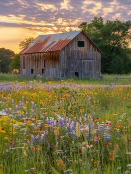 A serene sunset bathes an old wooden barn in golden light amid a vibrant field of daisies, capturing the tranquil essence of rural life.