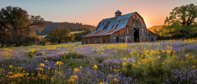 The sun casts a golden hue over a field of wildflowers leading to an old, rustic barn, embodying the essence of tranquil country life at sunset.