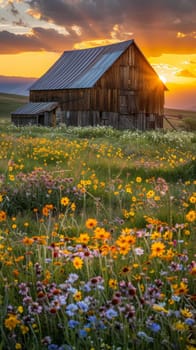 The rustic charm of a weathered barn is highlighted by the last rays of the sun, with a foreground of vibrant wildflowers adding color to the scene.