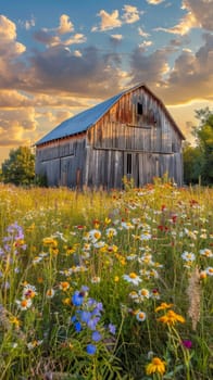 The rustic charm of a weathered barn is highlighted by the last rays of the sun, with a foreground of vibrant wildflowers adding color to the scene.