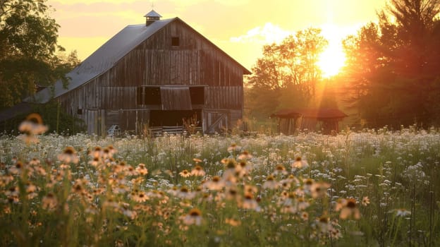 A countryside barn is enveloped in the warm glow of the golden hour, with wildflowers dotting the landscape, creating a picturesque rural scene.