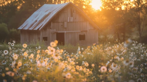 A countryside barn is enveloped in the warm glow of the golden hour, with wildflowers dotting the landscape, creating a picturesque rural scene.