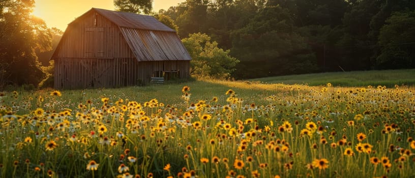 The sun casts a golden hue over a field of wildflowers leading to an old, rustic barn, embodying the essence of tranquil country life at sunset.