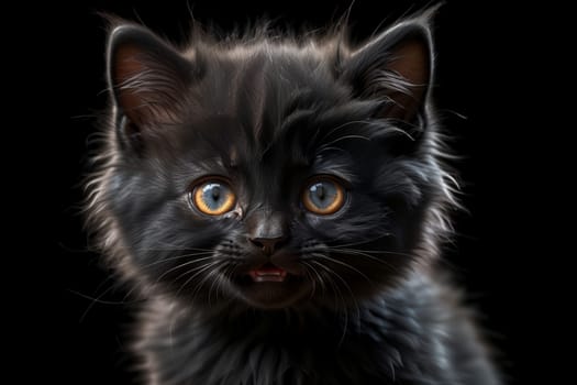 black fluffy kitten, isolated on a black background .