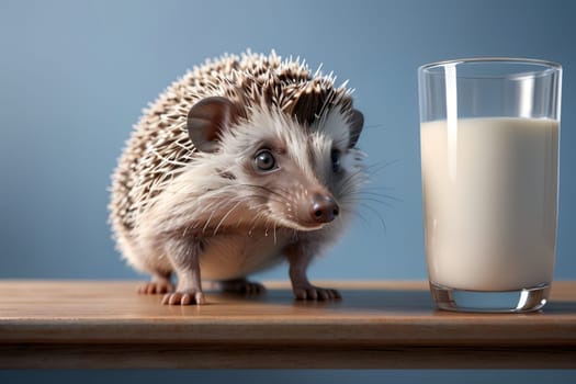 cute beautiful hedgehog and fresh milk in a glass on a blue background .