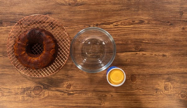 Flat lay. Whipping up salted caramel buttercream frosting for the gingerbread bundt cake.