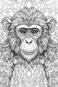 An illustration of a primate mammal, a chimpanzee, with a unique pattern on its face. The black and white painting captures the beauty of this terrestrial animal