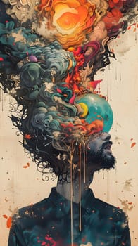 An art painting of a fictional character with smoke instead of hair coming out of his head, combining visual arts with fashion design and illustration