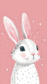 A white Rabbit with pink ears is sitting on a pink background, resembling a toy. Its fawncolored fur and cute snout stand out against the patterned setting