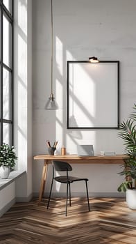 A plant hangs from the ceiling in a wooden frame above the desk, adding a touch of nature to the buildings interior design