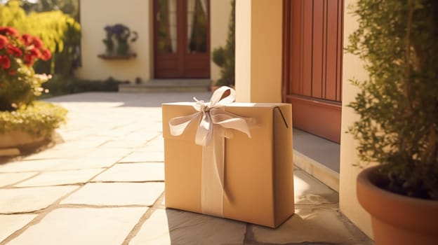Elegant gift shop delivery, postal service and luxury online shopping, parcel box with a bow on a house doorstep in the countryside, post-processed, generative ai