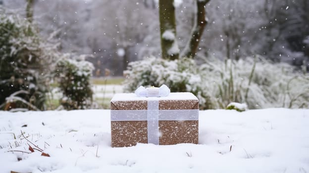 Christmas holiday gift and present, gift box in the snow in snowfall winter countryside nature for boxing day, holidays shopping sale idea