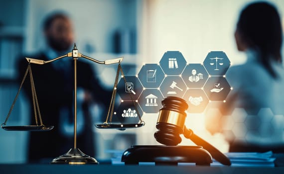 Smart law, legal advice icons and lawyer working tools in the lawyers office showing concept of digital law and online technology of savvy law and regulations .