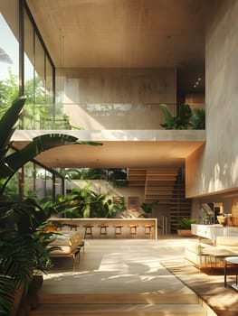 A contemporary property featuring large windows and abundant indoor plants, blending wood fixtures with composite materials, enhancing the facade and landscape of the real estate