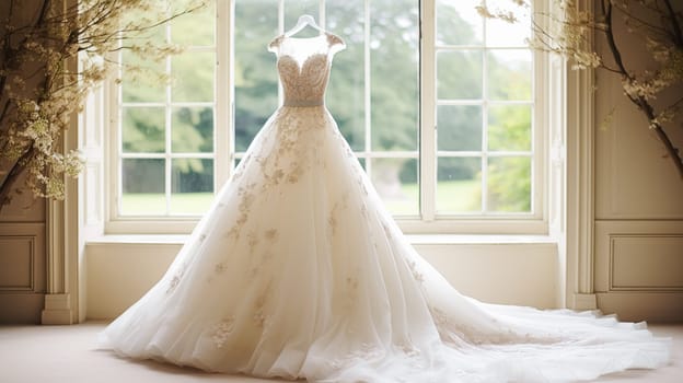 Wedding drees, bridal gown style and bespoke fashion, full-legth white tailored ball gown in showroom, tailor fitting, beauty and wedding inspiration