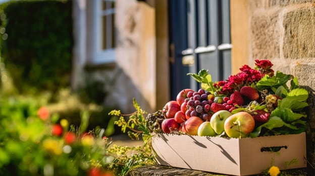 Food delivery, postal service and online grocery shopping, fruit box with fresh organic fruits from a local farm on a house doorstep in the countryside, post-processed, generative ai