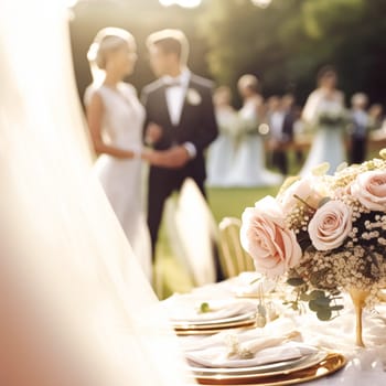 Wedding ceremony and celebration, bride and groom at a beautiful outdoor venue on a sunny day, luxury wedding decor with flowers and bridal bouquet, post-processed, generative ai