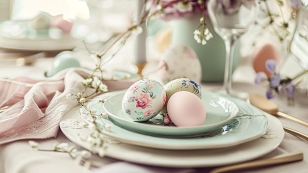 Easter tablescape decoration, floral holiday table decor for family celebration, spring flowers, Easter eggs, Easter bunny and vintage dinnerware, English country and home styling