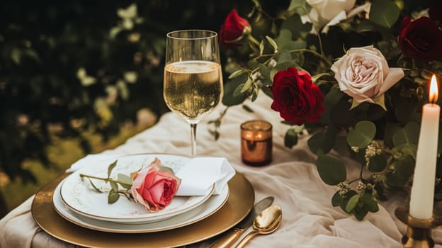 Wedding and event celebration tablescape with flowers, formal dinner table setting with roses and wine, elegant floral table decor for dinner party and holiday decoration, home styling idea