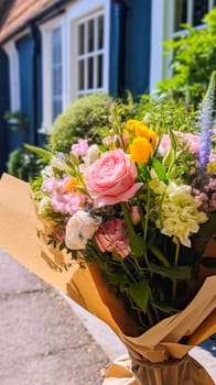 Flower shop delivery and holiday gift postal service, beautiful bouquet of flowers on a house doorstep in the countryside, post-processed, generative ai