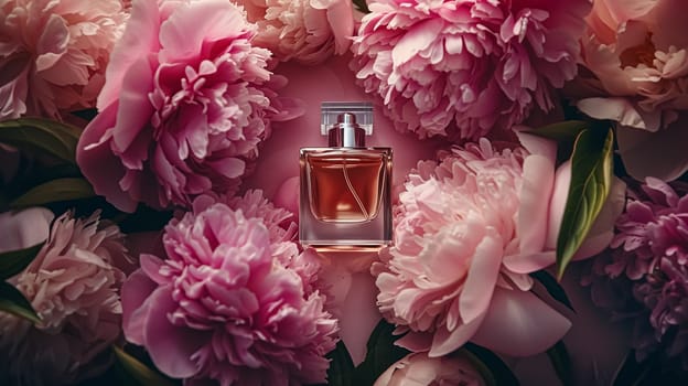 Perfume bottle in flowers, fragrance on blooming background, floral scent and cosmetic product idea