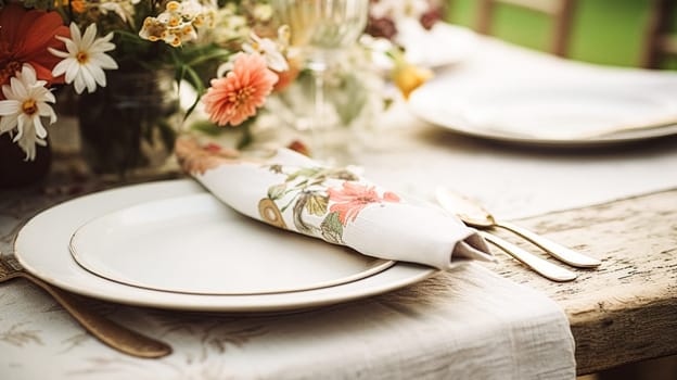 Table decor, holiday tablescape and dinner table setting in countryside garden, formal event decoration for wedding, family celebration, English country and home styling inspiration