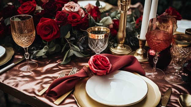 Wedding and event celebration tablescape with flowers, formal dinner table setting with roses and wine, elegant floral table decor for dinner party and holiday decoration, home styling idea