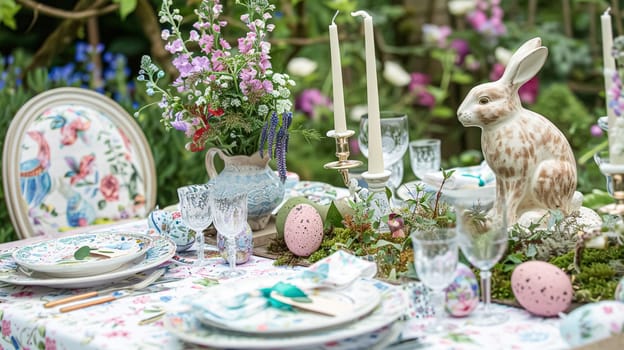 Easter tablescape decoration, floral holiday table decor for family celebration, spring flowers, Easter eggs, Easter bunny and vintage dinnerware, English country and home styling